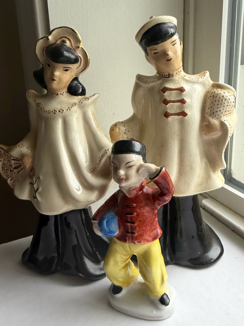 Vintage Japan Asian Figurines Set Mid Century Ceramic Geisha Boy Pair Crackle